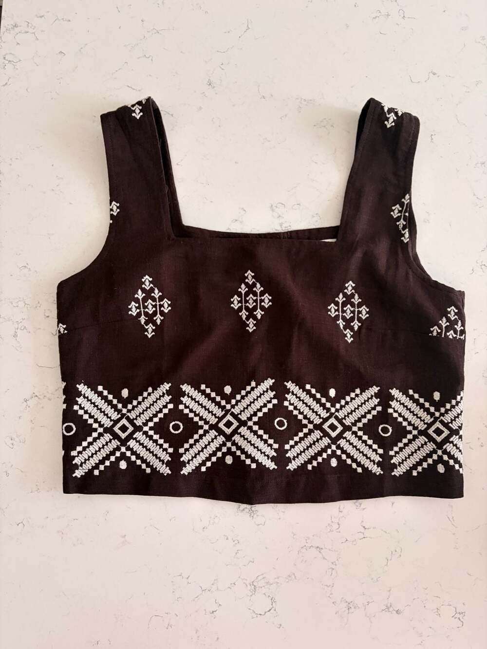 Calypso St. Barth Embroidered Linen Button-Back Crop Top, Size XS